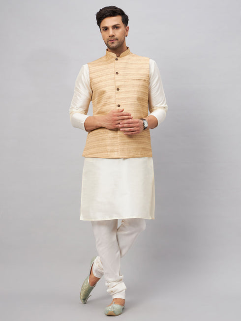 Vastramay Men's Beige Matka Silk Nehru Jacket With Cream Silk Blend Kurta Pyjama Set